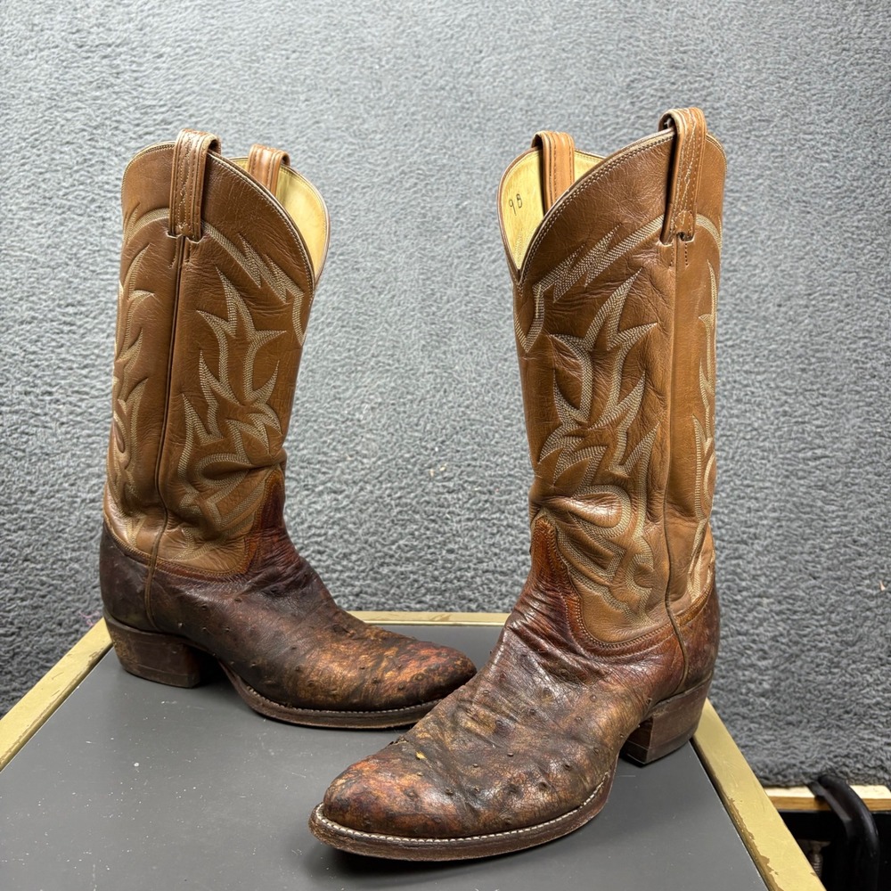 Tony Lama Ostrich Leather Cowboy Boots Men Size 9 B Western Style Tan Brown